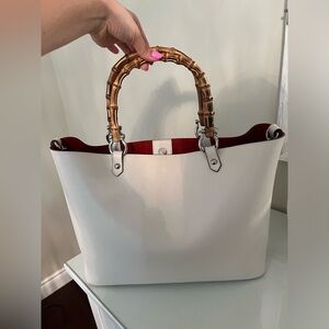 White Leather Bamboo Handle Bag Made in Italy